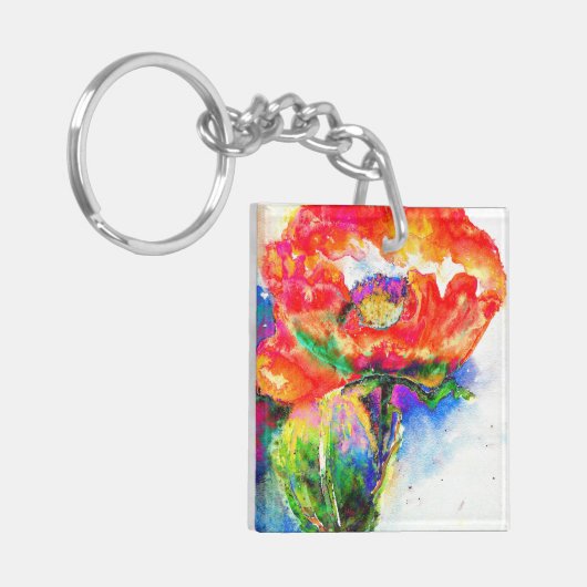 Elegant waterverf rood papaver schilderij sleutelhanger (Voorkant Links)