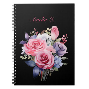 Elegant Waterverf Rose Boeket Zwart Notitieboek