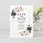 Elegant Waterverf Roze Blauwe Rozen Gold Lijst Save The Date (Staand voorkant)
