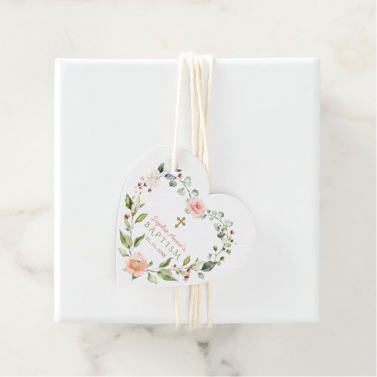 Elegant Waterverf Roze Bloemen Goud Kruis Baptisme Bedankjes Labels (In situ)
