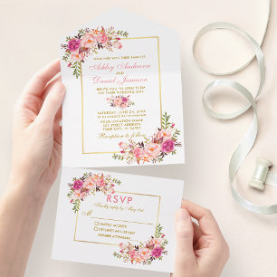 Elegant Waterverf Roze Blush Floral Gold All In One Uitnodiging
