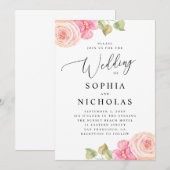 Elegant waterverf roze blush florale bruiloft kaart (Voorkant / Achterkant)