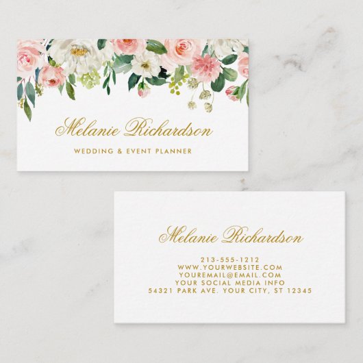 Elegant Waterverf Roze Blush White Floral Gold Visitekaartje (Voorkant / Achterkant)