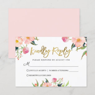 Elegant Waterverf Roze Floral Gold Script RSVP Kaartje