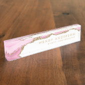Elegant Waterverf Roze Glitter Agate Naambordje (Zijkant)