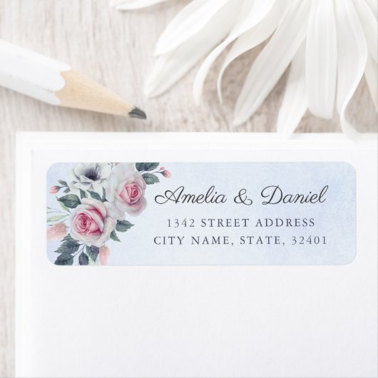 Elegant Waterverf Rozen Light Blue Wedding Etiket (Insitu)