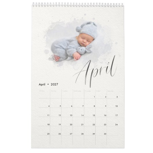 Elegant Waterverf Script Multi Photo Calendar Kalender (Apr 2027)