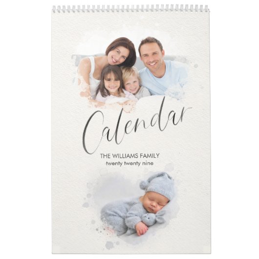 Elegant Waterverf Script Multi Photo Calendar Kalender (Hoes)