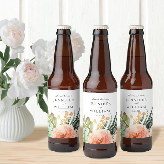 Elegant Waterverf Succulent Roos Wedding Bier Etiket