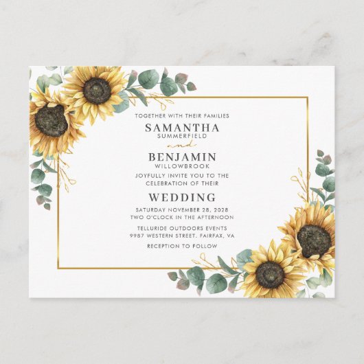 Elegant Waterverf Sunflower Eucalyptus Weddenschap Uitnodiging Briefkaart (Voorkant)