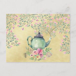 Elegant Waterverf Teapot and Flowers Gold Briefkaart