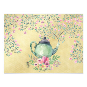 Elegant Waterverf Teapot and Flowers Gold Foto Afdruk