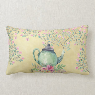 Elegant Waterverf Teapot and Flowers Gold Kussen