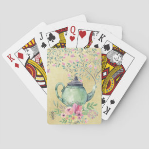 Elegant Waterverf Teapot and Flowers Gold Speelkaarten