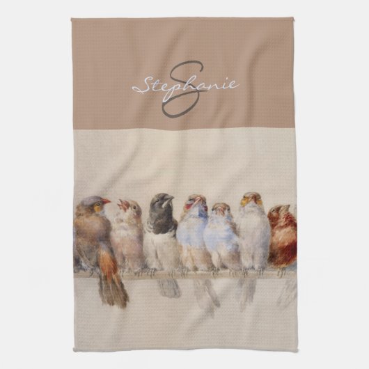 Elegant Waterverf vogels monogramed Custom Name Theedoek (Verticaal)