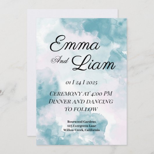 Elegant Waterverf Wedding Invitation Kaart (Voorkant / Achterkant)