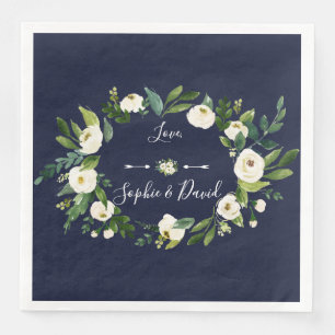 Elegant Waterverf White Floral Dark Blue Wedding Servet
