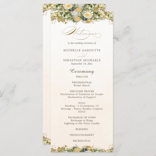 Elegant Waterverf White Floral Gold Wedding Programma (Voorkant / Achterkant)
