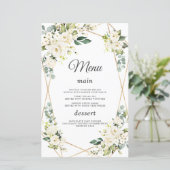 Elegant Waterverf White Flowers Gold Wedding Menu (Staand voorkant)