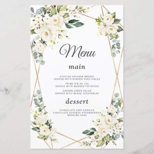 Elegant Waterverf White Flowers Gold Wedding Menu (Voorkant)