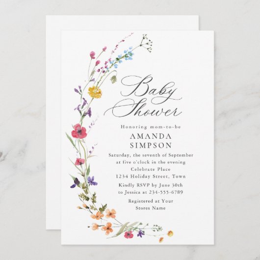 Elegant Waterverf Wild Flowers Baby shower Kaart (Voorkant / Achterkant)