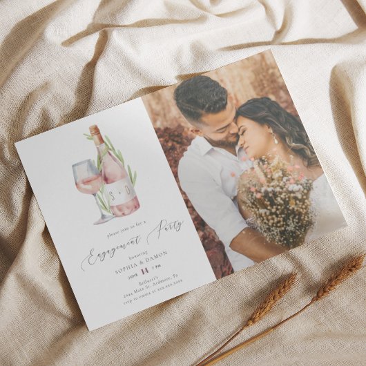 Elegant Waterverf Wine Monogram Engagement Party Kaart