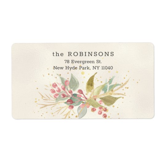 Elegant Waterverf Winter Berries & Greenery Etiket (Voorkant)