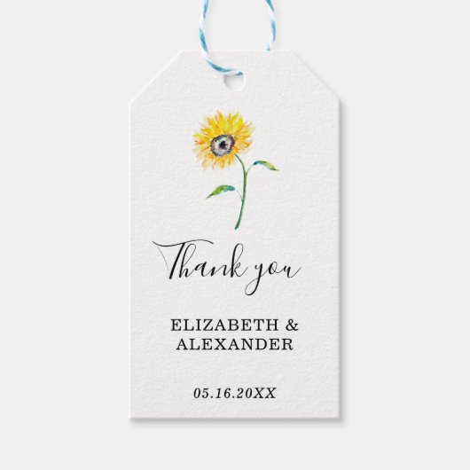 Elegant Waterverf Zonnebloem Dank je bruiloft Cadeaulabel (Voorkant)