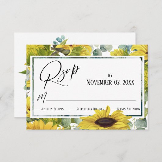 Elegant Waterverf Zonnebloem & Eucalyptus RSVP Kaartje (Voorkant / Achterkant)