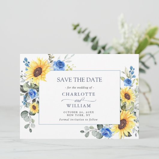 Elegant Waterverf Zonnebloemen Eucalyptus Weddensc Save The Date (Staand voorkant)