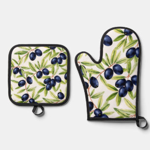 Elegant Waterverf Zwarte Olijven Naadloos Patroon Ovenwant & Pannenlap Set