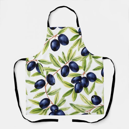 Elegant Waterverf Zwarte Olijven Naadloos Patroon Schort (Voorkant)