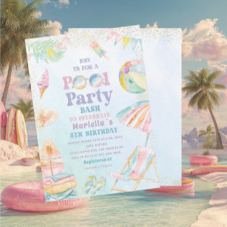 Elegant waterverf zwembadfeest 8e verjaardag meisj kaart