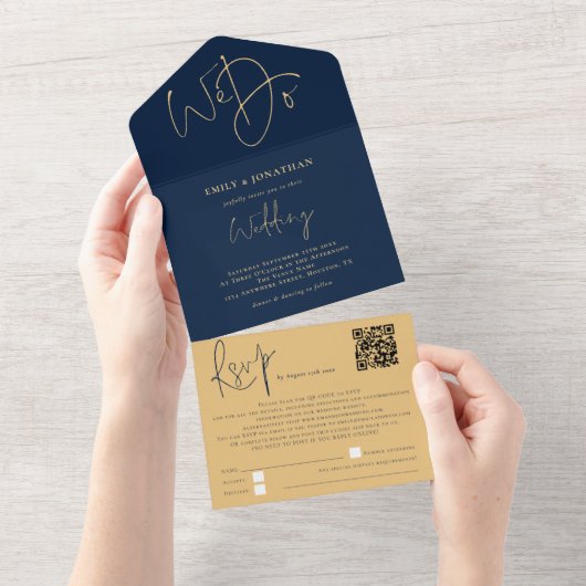 Elegant We doen een QR-code marinegoudweddenschap All In One Uitnodiging (Afscheurbaar)
