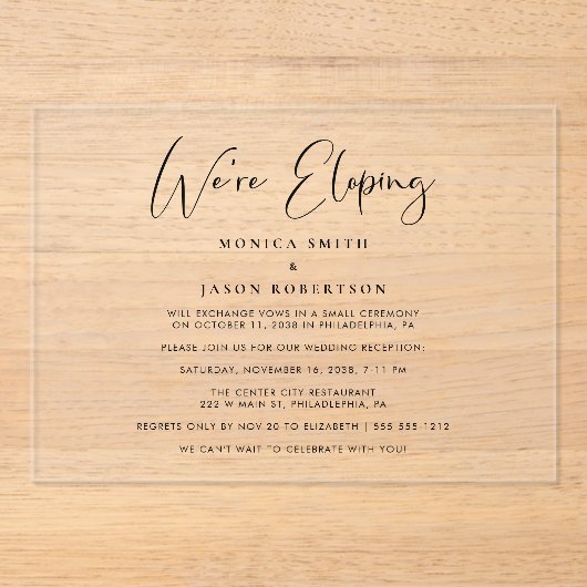 Elegant We zijn Eloping bruiloft receptie Acryl Uitnodigingen (Voorkant)