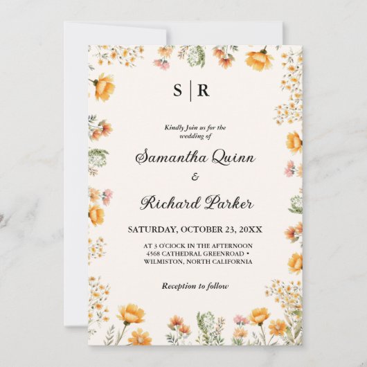 Elegant Weadow Wildflower monogram bruiloft Kaart (Voorkant)