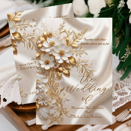 Elegant Wedding Beige White Gold Floral Silk Kaart