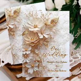 Elegant Wedding Beige White Lace Gold Flowers Kaart