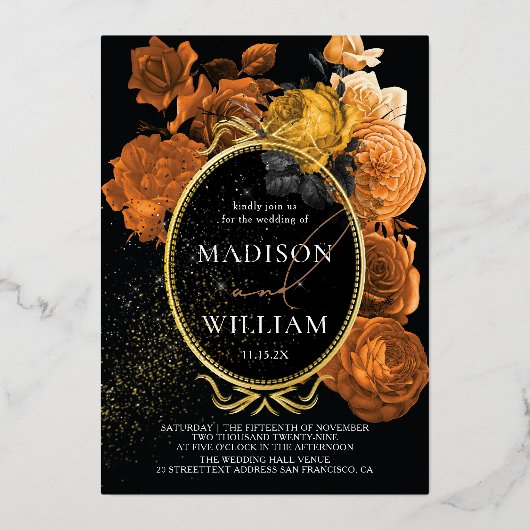 Elegant Wedding Black en Oranje Floral Folie Uitnodiging (Voorkant)