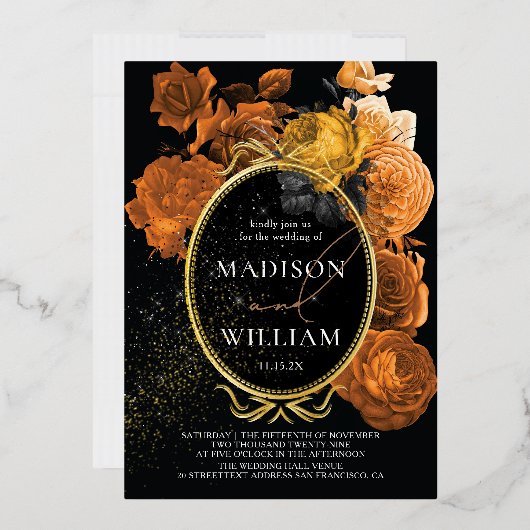 Elegant Wedding Black en Oranje Floral Folie Uitnodiging (Envelop)