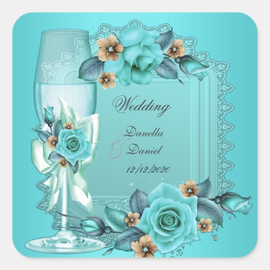 Elegant Wedding Blauwgroen Blue Beige Rozen Flower Vierkante Sticker (Voorkant)
