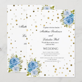 Elegant Wedding Blue bloemen gouden sterren Kaart