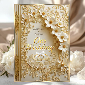 Elegant Wedding Book Ornate Gold White Floral Kaart