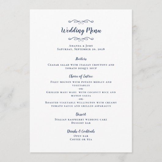 Elegant Wedding Calligraphy Chic Navy Blue Dinner Menu (Voorkant)
