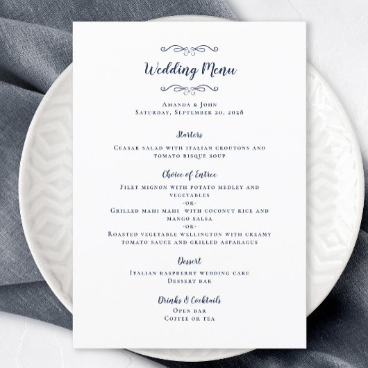 Elegant Wedding Calligraphy Chic Navy Blue Dinner Menu