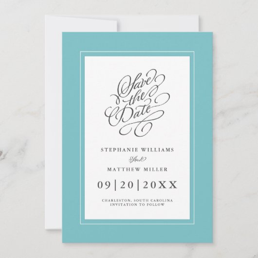Elegant Wedding Chic Calligraphy Aqua Blue Green Save The Date (Voorkant)