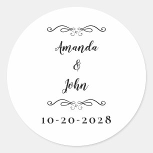 Elegant Wedding Couples Names Chic Black White Cla Ronde Sticker