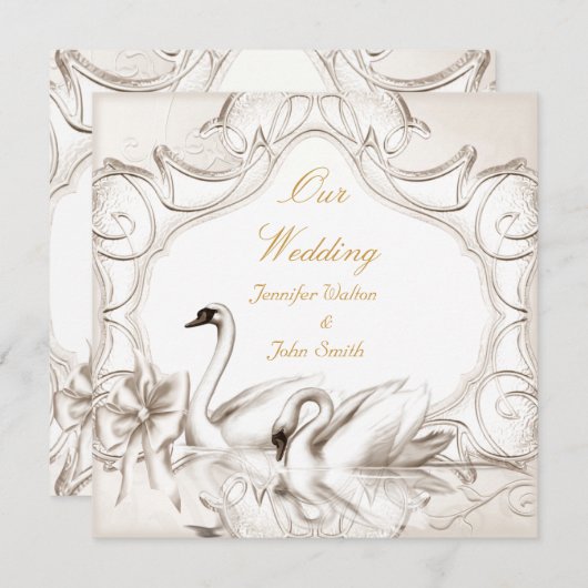 Elegant Wedding Cream White Swans Bow Kaart (Voorkant / Achterkant)