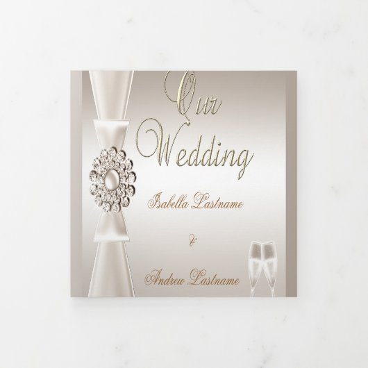 Elegant Wedding Damask Cream White Champagne 3 Drieluik Uitnodiging (Cover)