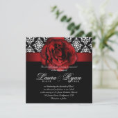 Elegant Wedding Damask Red Rose Black White Kaart (Staand voorkant)